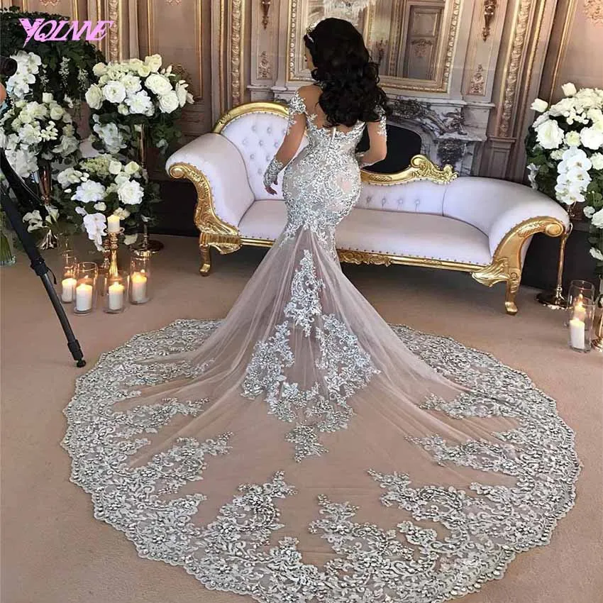 YQLNNE 2018 Luxury Gray Lace Mermaid Wedding Dress Bridal Gown High Neck Sweep Train Vestido De Noiva | Свадьбы и торжества