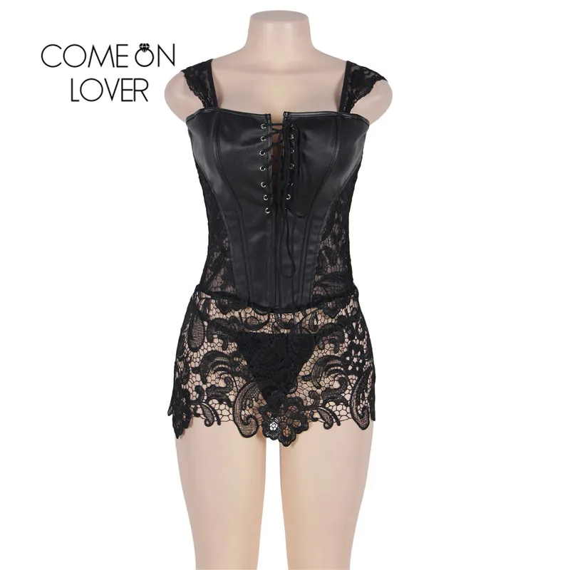 Comeonlover S-6XL размера плюс женский корсет из искусственной кожи и кружева стимпанк