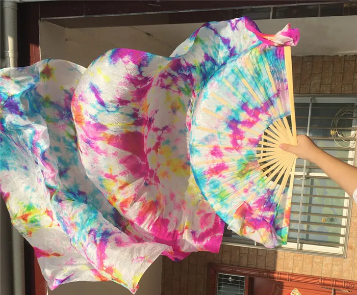 1 Pair(L+R) Belly Dance Silk Fan Veil Worship Art Bamboo Long Fans Tie Dyed Flower 47&quot/59&quot/71&quot/83&quot Free Shipping |