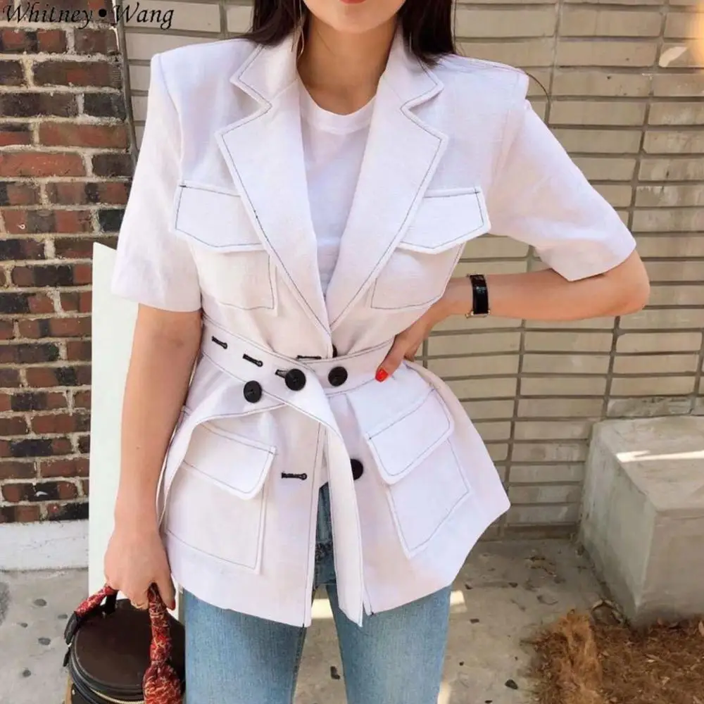Женский блейзер WHITNEY WANG короткий Блейзер на пуговицах с поясом в Корейском стиле