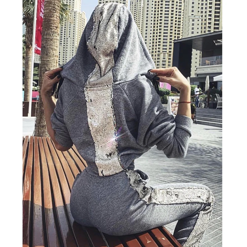 2019 Повседневное спортивный костюм Для женщин блестками два комплект из 2 частей с