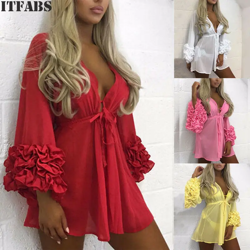 

Women Chiffon Flower Beach Cardigan Bikini Cover Up Wrap Sundress Mini Dress
