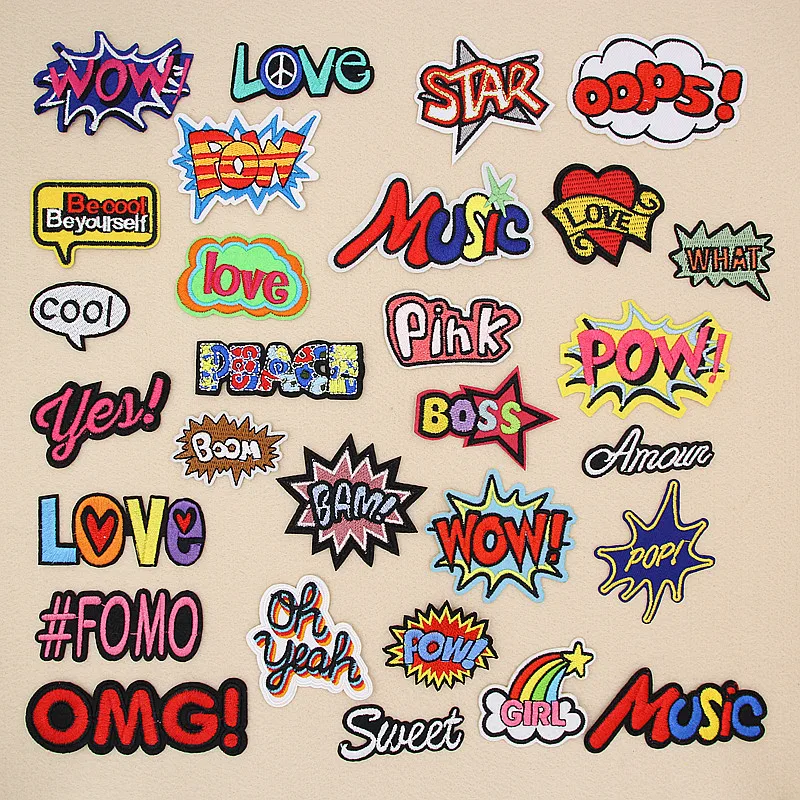 Нашивки с вышитыми буквами OMG WOW Cool Oops Boom Yeah Love Pow, для одежды, глажки одежды, сумки с аппликацией, нашивки, наклейки