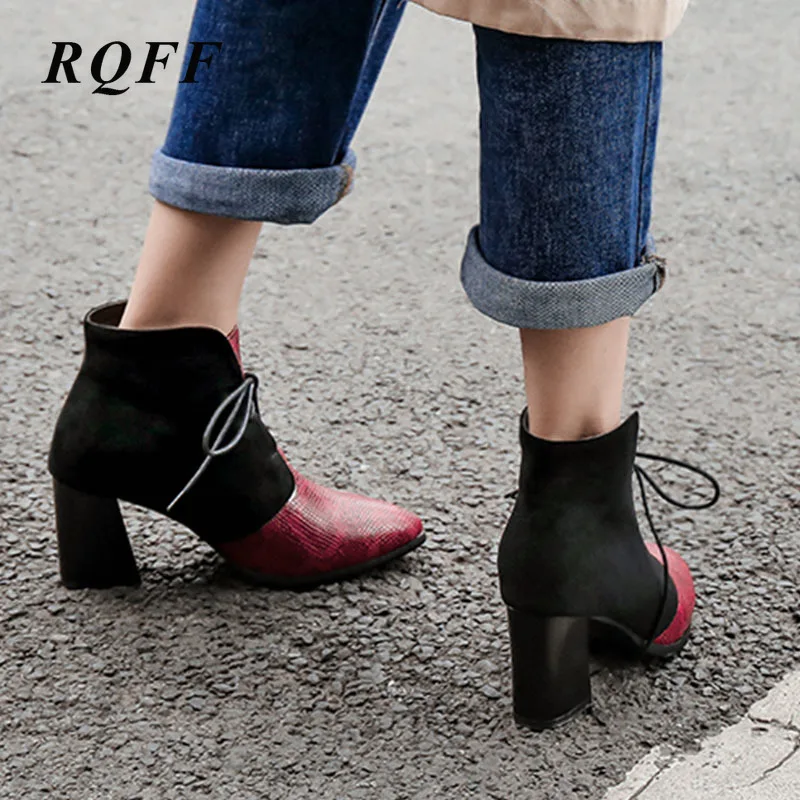 Новые женские ботинки Осень зима 2019 г. Ботильоны на шнуровке Классическая