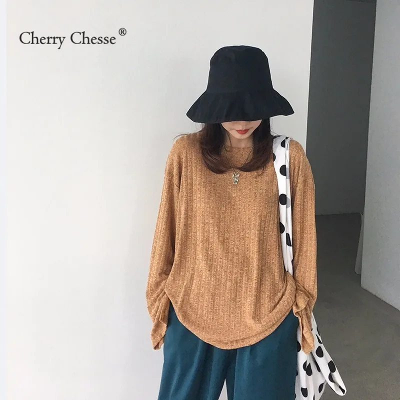 Cherry Chesse Harajuku Для женщин трикотажная футболка с длинными рукавами и круглым