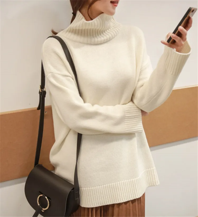 new arrival goat cashmere thick solid knit women korean style high collar long pullover sweater white 2color one&ampover size | Женская