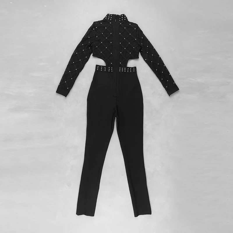 2019 с длинным рукавом Bodycon бинты комбинезон Новый Arriva Мода вырезать See Through Sexy Бисер