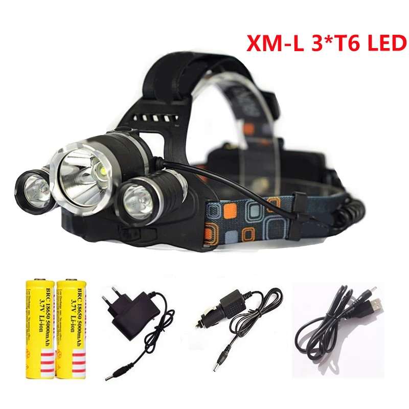 LED Headlamp 4-mode 3T6 Headlight 12000 Lumens XML T6 Waterproof Head Light lamp 18650 Rechargeable Battery Flashlight Torch | Освещение