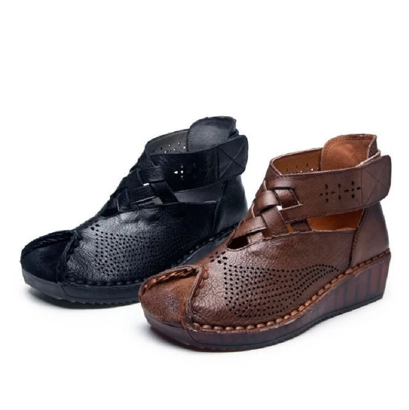 Summer Retro China Style Genuine Leather Hollow Out Sewing Square Toe Ankle Women Boots Cut Wedge Heels Lady Sandals 190508 | Обувь