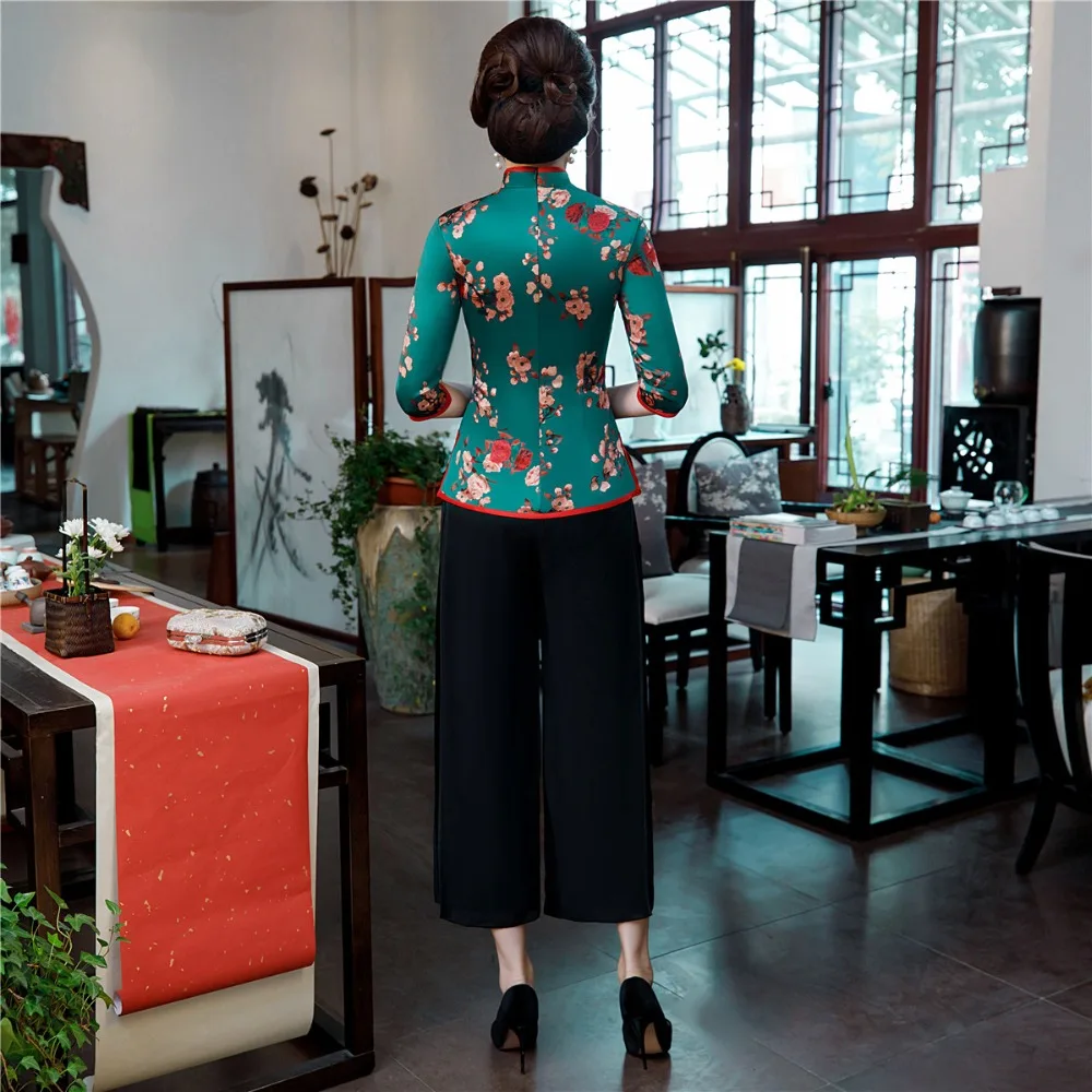 Шанхай история 3/4 рукав Cheongsam топ + брюки комплект Китайская традиционная одежда