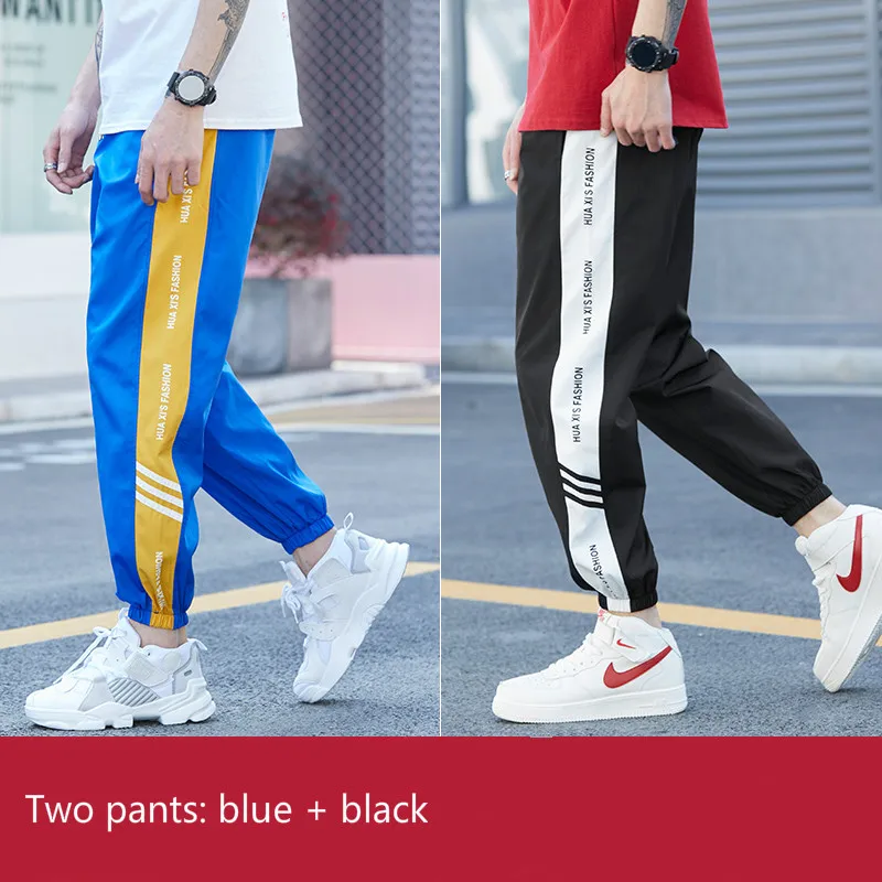 two pants blue black Мужские штаны для спорта брюки хип-хоп свободные спортивные брюки мужские мешковатые брюки Уличная Повседневная мода Молодежная летняя черная белая Синяя - Цвет: two pants blue black