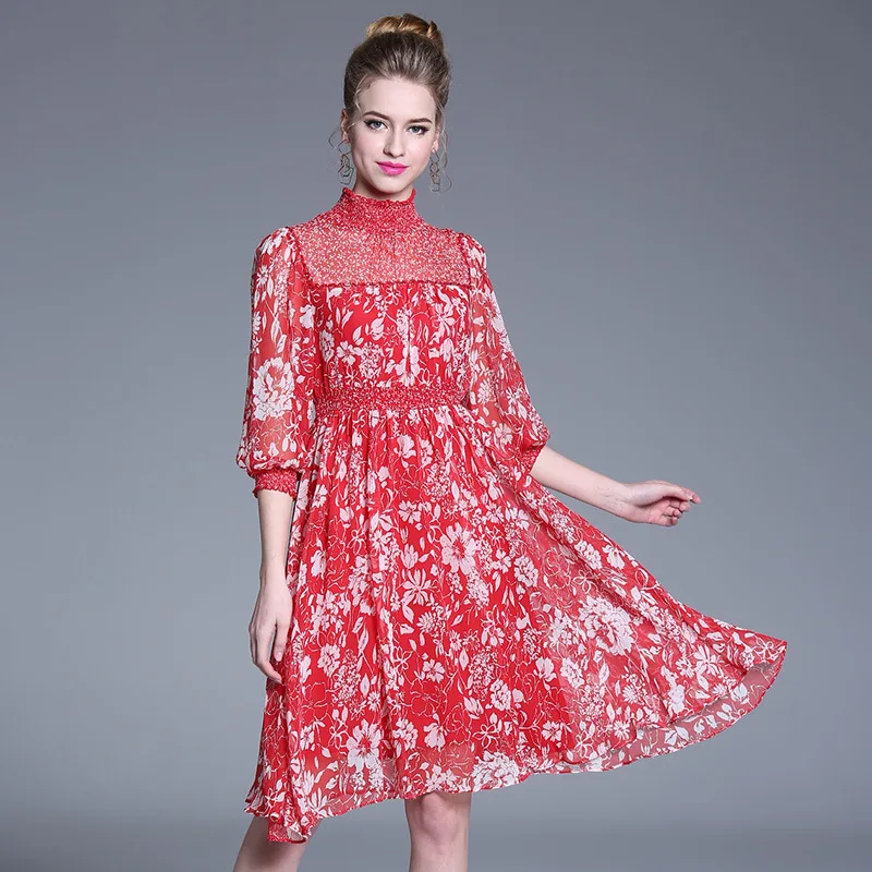 AOFULI Brand Summer Dress Plus size L- XXXL 4XL 5XL 2019 Women 3/4 Sleeve Stand Collar Red Floral Runway Elegant Chiffon Dresses | Женская