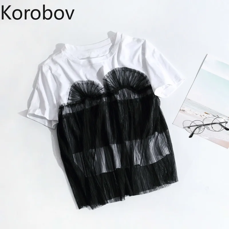 Korobov летняя Новинка Kawaii женская футболка с круглым вырезом кружевная Лоскутная Милая футболка короткий рукав корейские повседневные футболки 77318
