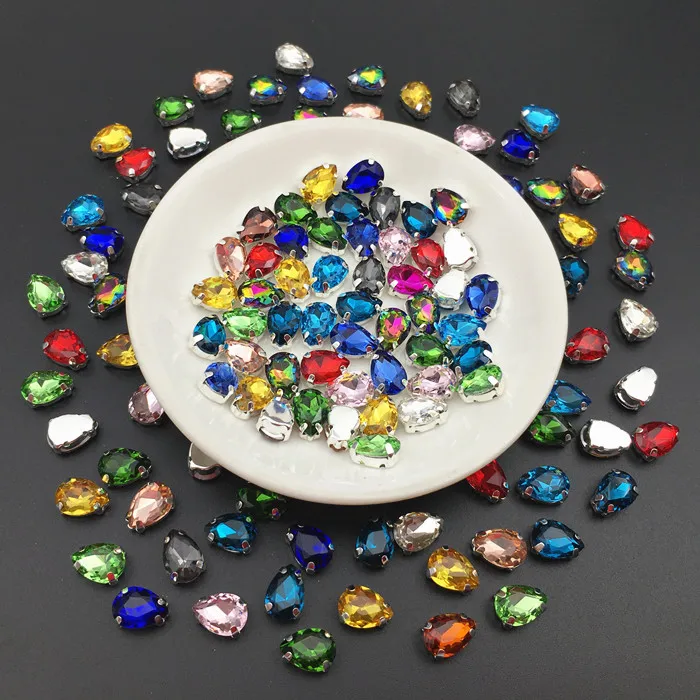 7x10mm Mix Colors Droplet Sewing On Glass Crystal Fancy Rhinestones In Silver Claw Setting Stones For Wedding Dress | Дом и сад