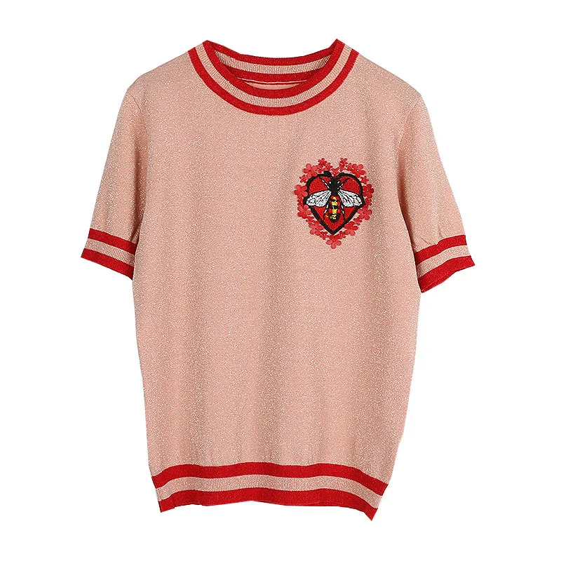 

2019 New Novelty knitting Embroidered Bees Striped women T-shirt T-Shirts Cotton Hip Hop Skateboard Street Tee Shirts Top #L9