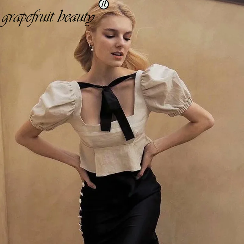 New French Women Elegant Square-collar Delicate office lady white ruffles Blouses Breasted Irregular Short Shirts Blous |