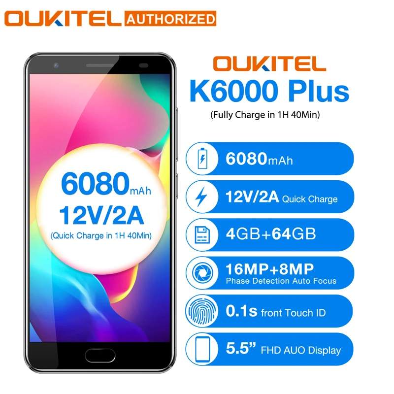 OUKITEL K6000 Plus Android 7 0 мобильный телефон 5 ''MTK6750T Восьмиядерный 4 Гб 64 8MP + 16MP 6080mAh12V/2A
