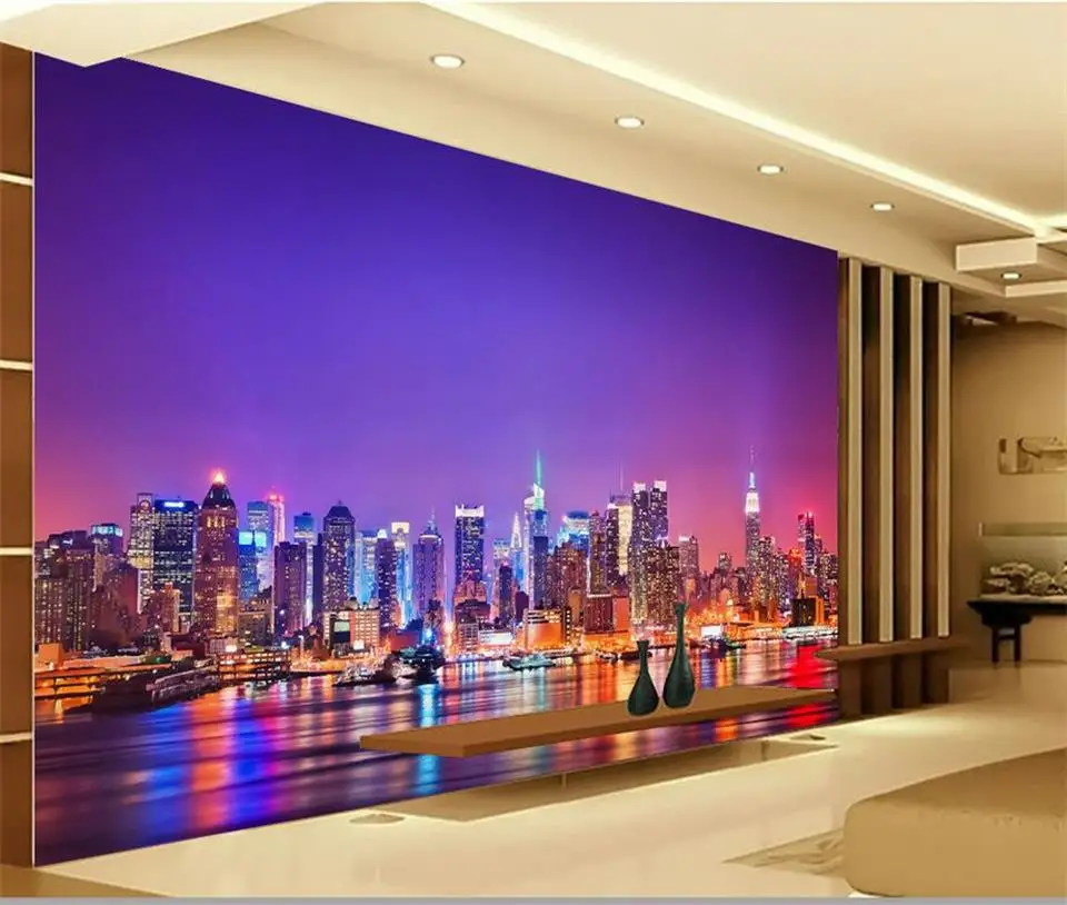 3d обои на заказ фотообои для гостиной города по морю Ночной пейзаж живопись фон