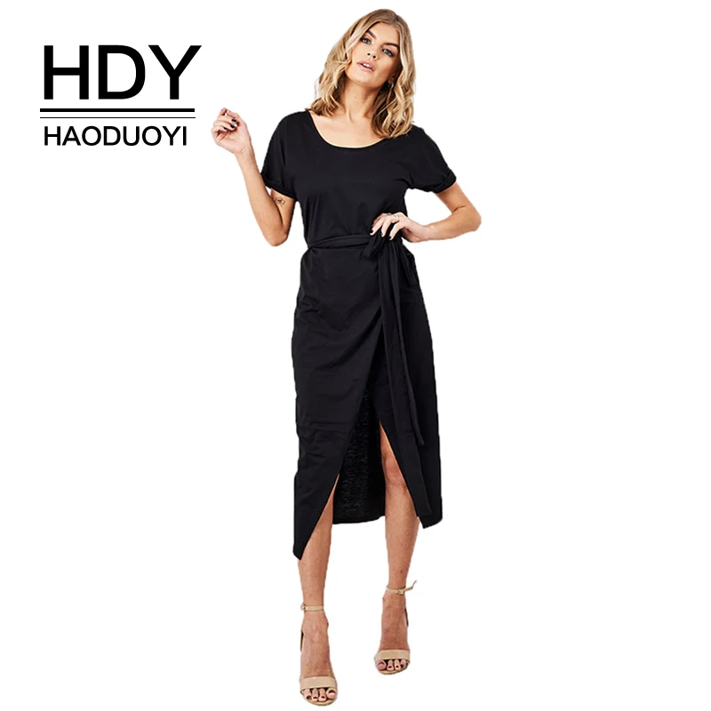 Платье футболка HDY Haoduoyi женское повседневное однотонное с коротким рукавом и