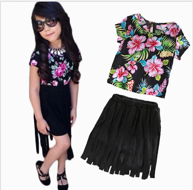 Новинка 2017 года летняя модная юбка с цветочным рисунком для девочек + черный