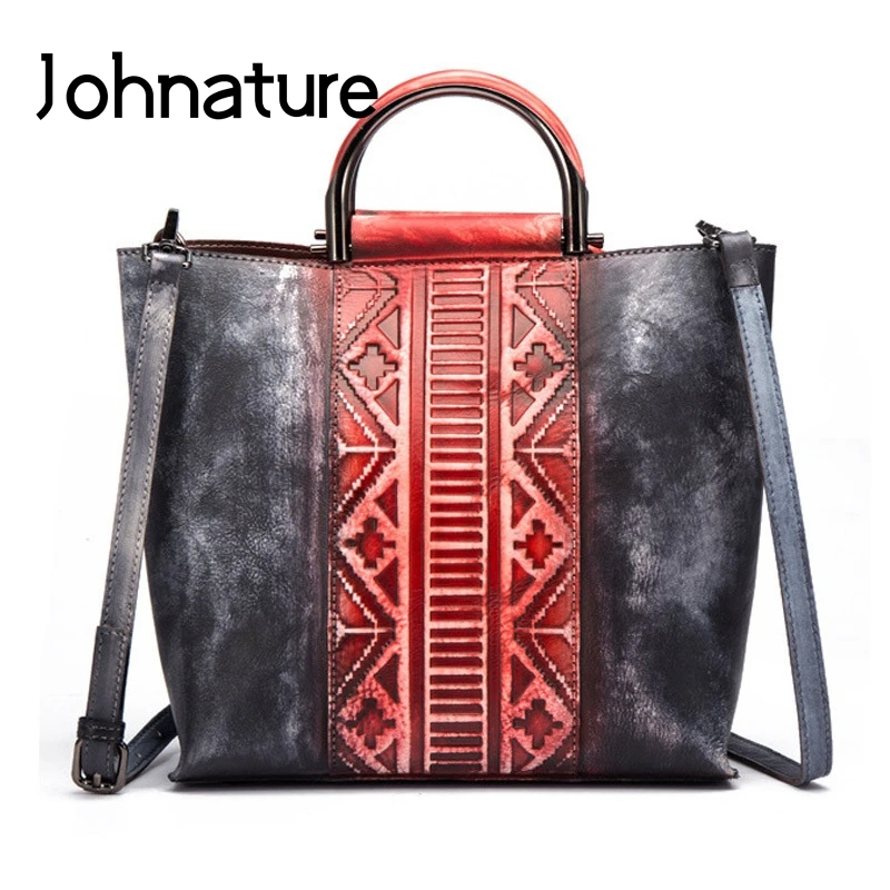 Johnature ретро тиснение из коровьей кожи Сращивание большой емкости Женская Повседневная сумка из натуральной кожи ручной работы сумки через плечо