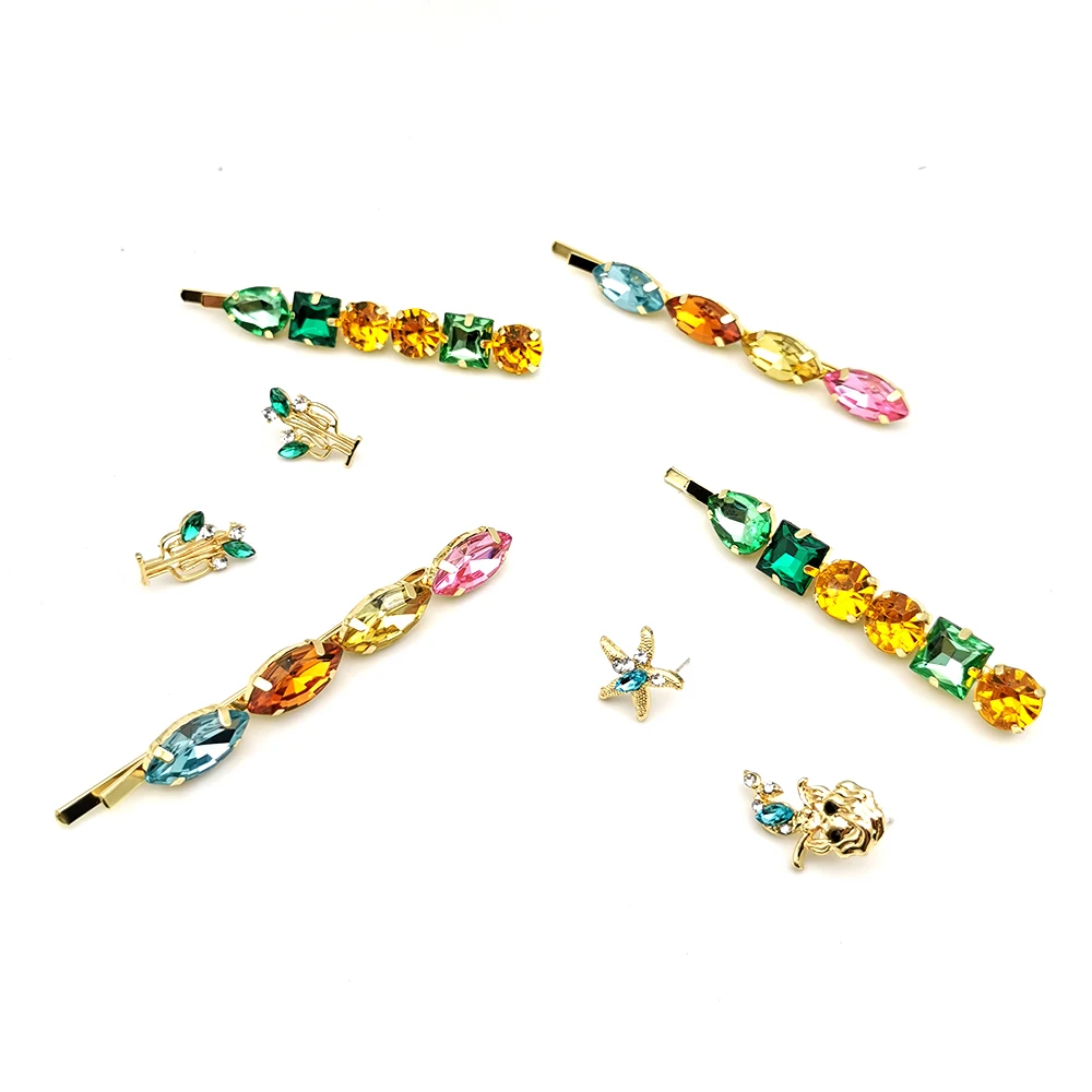 colorful rhinestones hair cilp stud earrings set mermaid starfish cactus bling high quality hairpins fashion headdress | Украшения и