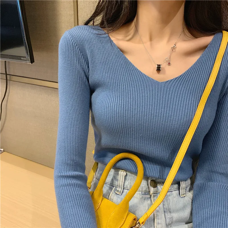 Женские Вязаные Рубашки с v образным вырезом Новинка осени 2019|Футболки| |