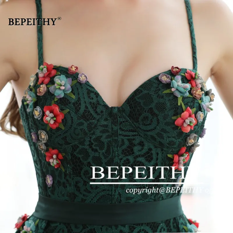 BEPEITHY ЗЕЛЕНЫЕ КРУЖЕВНЫЕ Длинные Выпускные платья на тонких бретелях с цветами vestido de festa вечерние платья, Лидер продаж