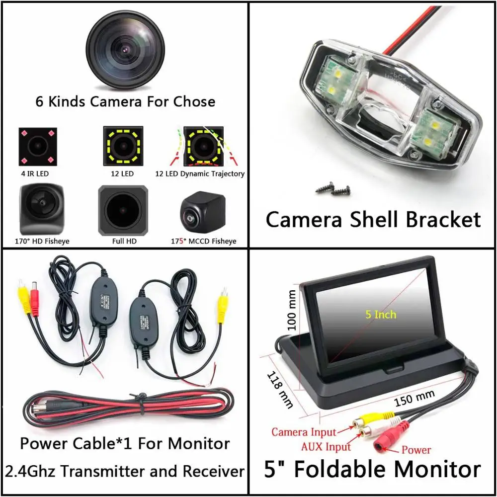 Cam Wireless 5 Fold 175 градусов Fisheye MCCD 12LED HD камера заднего вида Камера для Honda Accord 2001 2002 2003 2004 2005 2006 2007 2008 2009 2010 автомобильный монитор - Название цвета: Cam Wireless 5 Fold