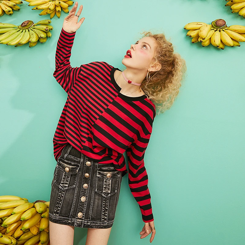 ELFSACK полосатая Лоскутная футболка в Корейском стиле женская одежда осень 2019