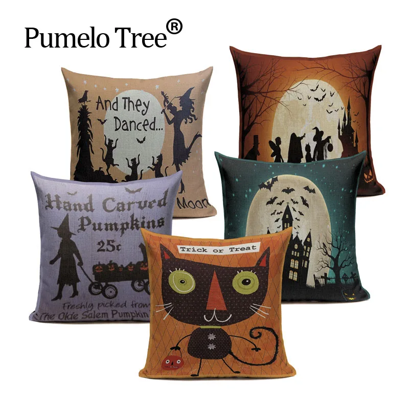 Подушка на Хэллоуин наволочка из хлопка и льна размер 45*45 с принтом оранжевой