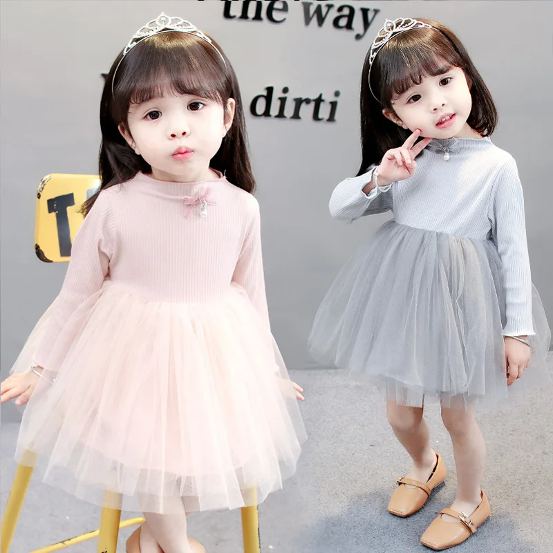 

Spring Autumn Baby Girls Cotton Cute Bow Dresses Toddlers Mesh Net Yarn Dance Party Knitted Sweaters Kids Princess Dress P251