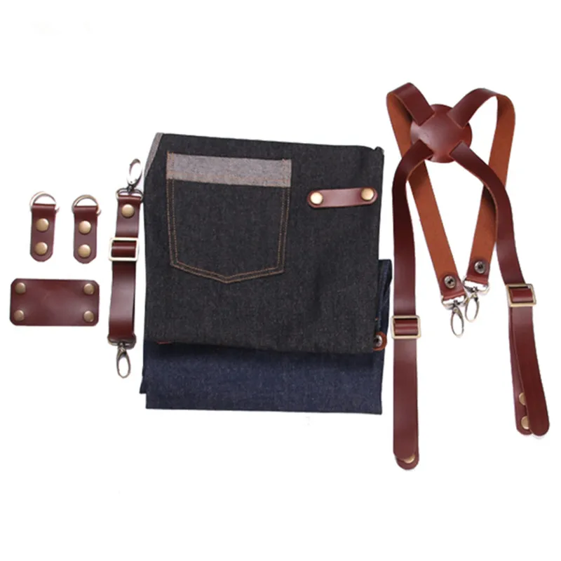 Длинный фартук из черной и синей джинсовой ткани кожаный ремешок униформа для