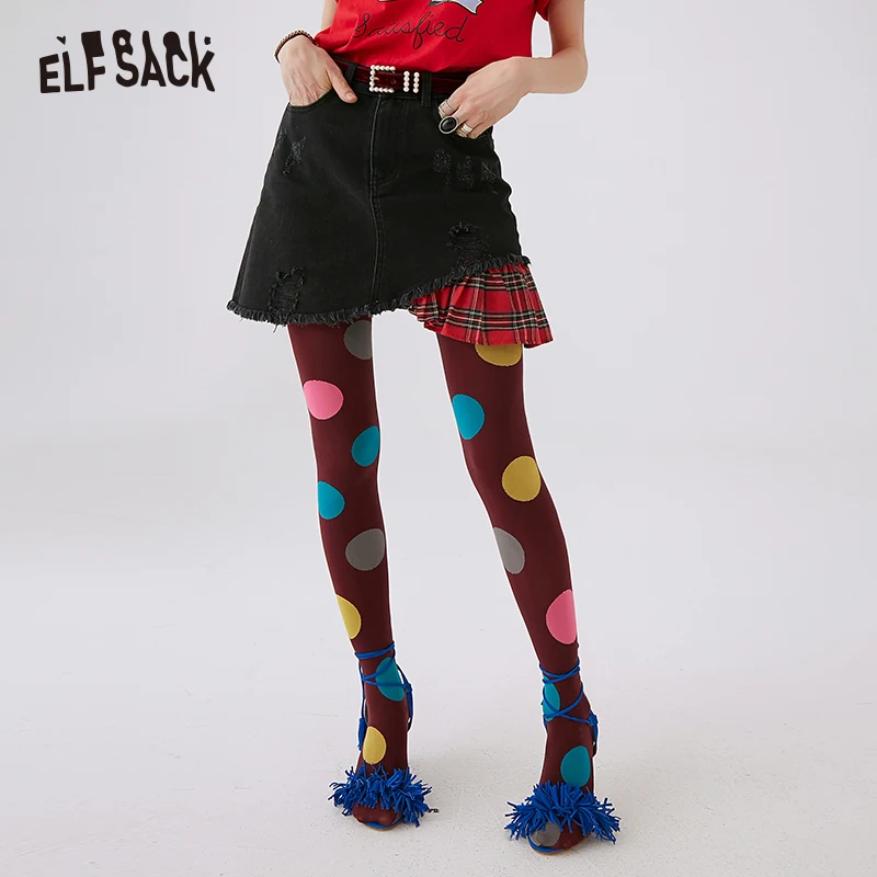 &quotЖенская джинсовая юбка ELF SACK черная ковбойская с клетчатым лоскутом хлопковая
