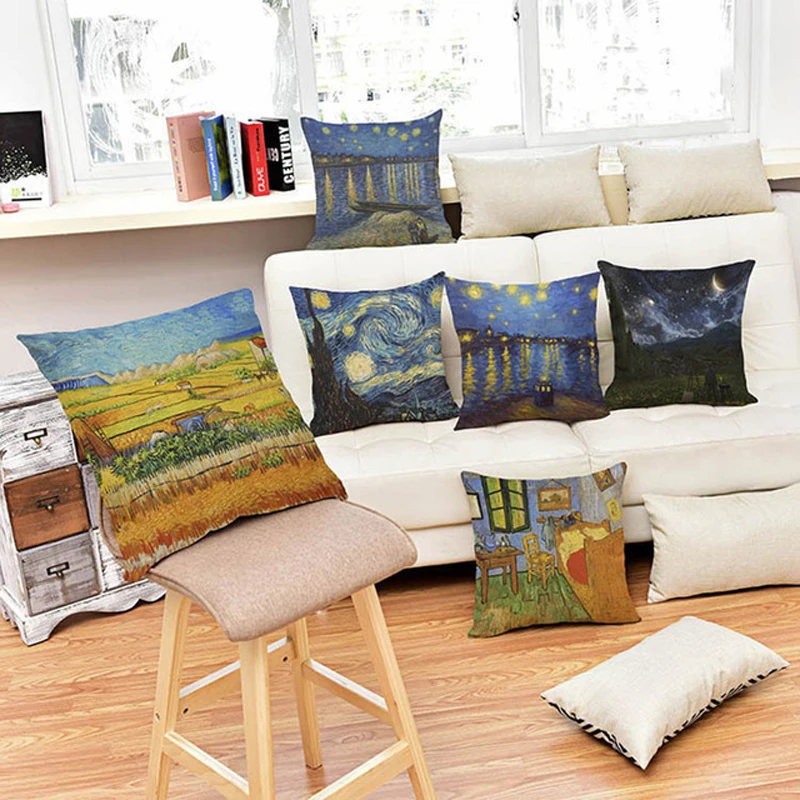 

45X45cm Cushion Cover Van Gogh Oil Painting Linen Cotton Pillow Case for Sofa Car Chair Gift cojines Art Decoration Home Decor