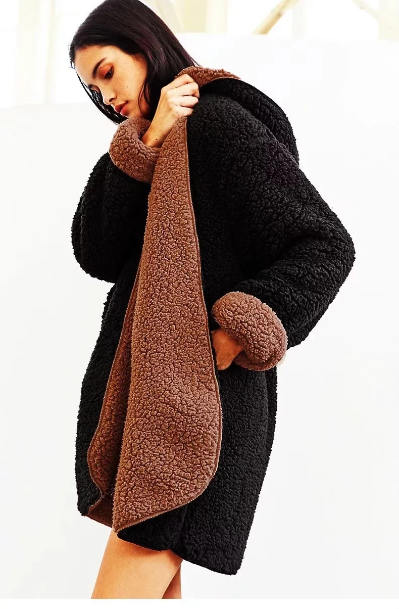 Faux Fur Coat Women Winter Warm Soft Hooded Long Double-sided Casacos Thickened Plush Loose Overcoat Casual Outerwear | Женская одежда