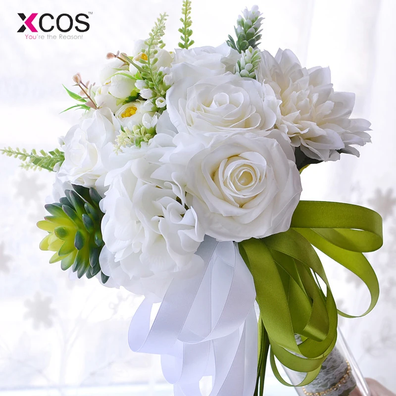 2018 Romantic White Wedding Flowers Bridal Bouquet Rose Succulents Lace Handle Artificial Bride Bouquets | Свадьбы и торжества