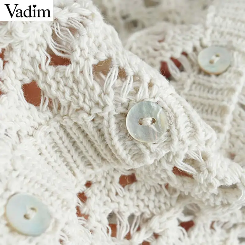 Vadim women solid knitted short cardigans hollow out sexy V neck single breasted female casual thin outwear sweater HA397 |