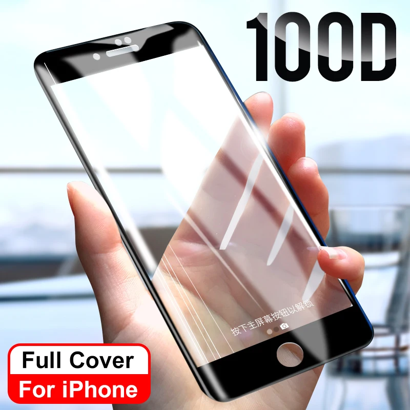 100D полное защитное стекло с закругленными краями для iPhone 7 8 6 6S Plus, Защитная пленка для экрана X XR XS Max 5 SE 5S