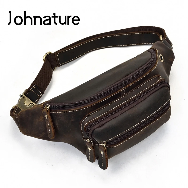 

Johnature 2021 New Vintage Solid Men Chest Bags Crazy Horse Leather Leisure Waist Packs Male Outdoor Sports Small Bags