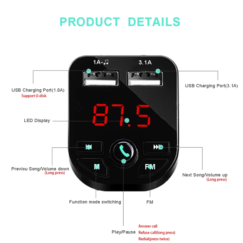 Bluetooth 5 0 приемник fm передатчик двойное USB Автомобильное зарядное устройство U