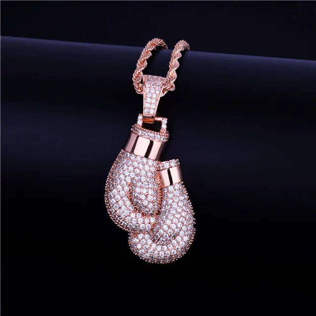 Bling Boxing Gloves Pendant Necklace& Pendant Charm Free Rope Chain Gold Color Iced Out Cubic Zircon Men's Hip hop Jewelry - Окраска металла: rose