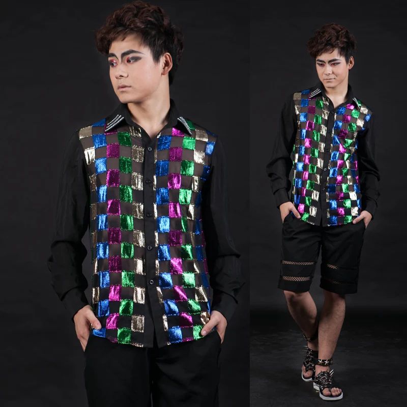 Мужская рубашка с длинным рукавом цветная приталенная для выступлений ночного