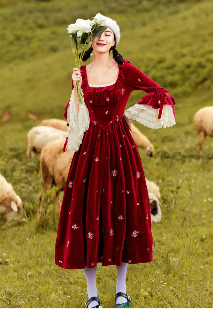Винтажное бархатное женское платье с цветочной вышивкой, кружевное платье с расклешенными рукавами, длинное платье макси для элегантной леди, Ретро стиль, Повседневное платье, Vestidos Faldas