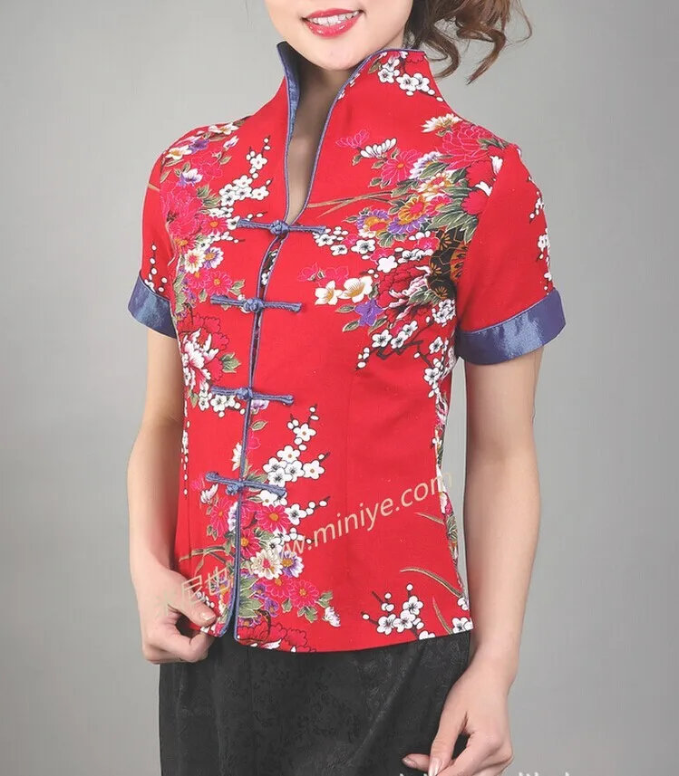 

New Arrival Black Vintage Chinese Women's Cotton V-Neck Shirt Top Short Sleeves Flower Size S M L XL XXL XXXL Mny-003B