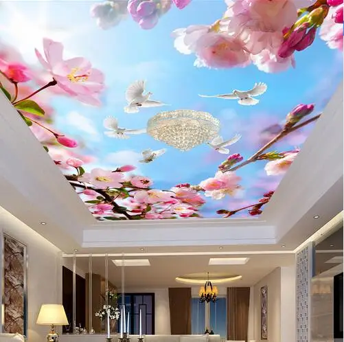 

Custom 3D Pigeons Peach Blossom Ceiling Murals Blue Sky flower Wallpaper for Ceilings Living Room Bedroom 3D Wall Papers Roll