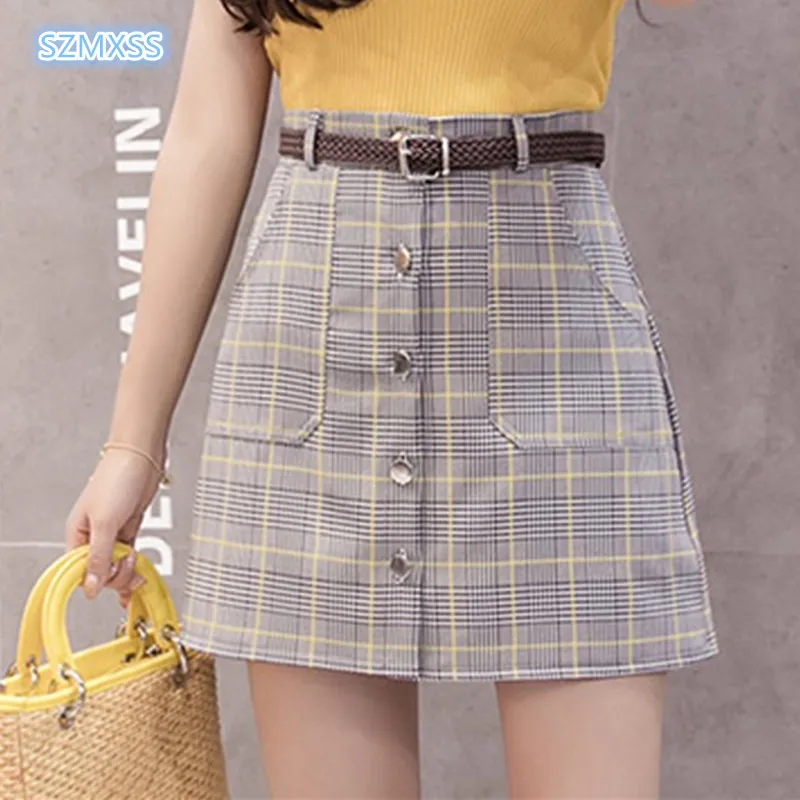 2018 New Women Skirts Plaid Mini Skirt Female Falda Buttons High Waist Saia Femininas Single Breasted Jupe Femme Tartan | Женская одежда