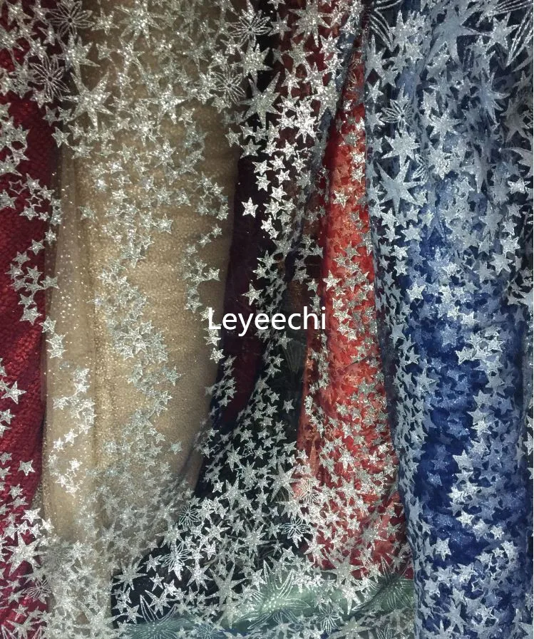 3yards/lot Gold and Blue Pentagram Glitter Sequins French Lace Fabric High Quality glitter For Wedding | Дом и сад