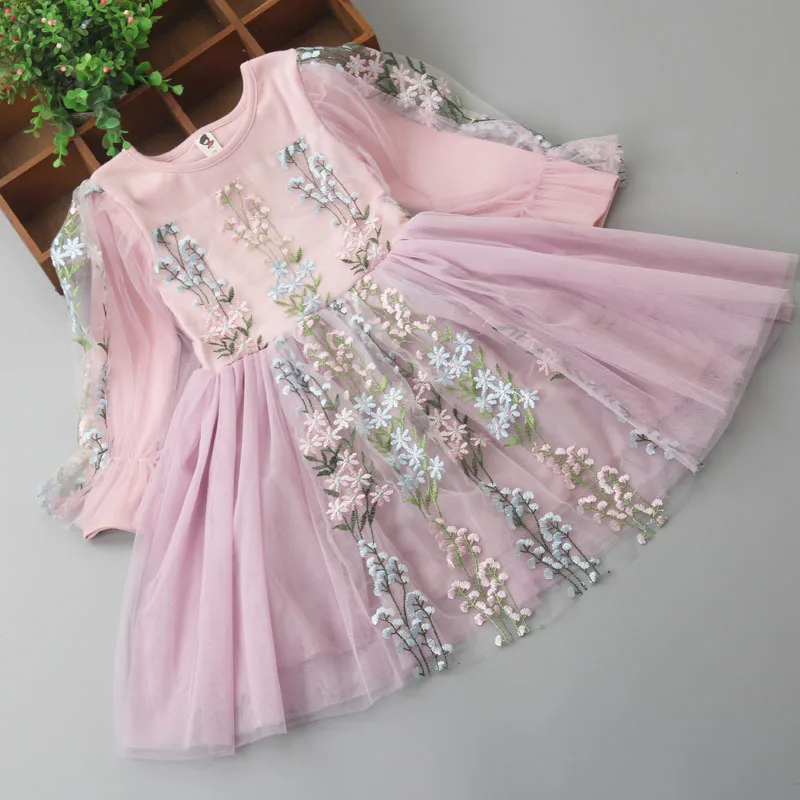 

Платье для девочек, кружевные платья принцессы, осенние платья с длинным рукавом и цветочной вышивкой для девочек 3-9 лет