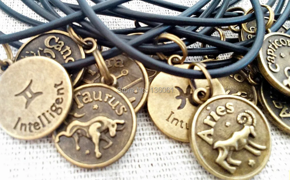 

Vintage Bronze 12Sets Horoscope Constellation Necklace Zodiac Charms Statement Leather Choker Necklace Pendants Women Jewelry
